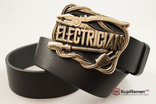 Кожаный ремень с пряжкой "ELECTRICIAN" (электромонтер), латунь - kupiremen.ru