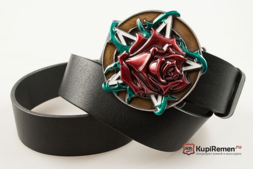 Кожаный ремень с пряжкой "PENTAGRAM & ROSE RED" (Красная роза с пентограммой) - kupiremen.ru