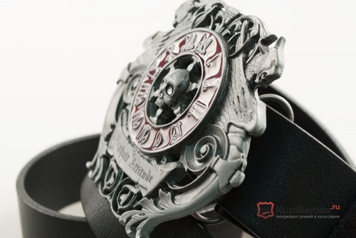 Кожаный ремень с пряжкой "SKULL ON CLOCK FACE" (Череп с циферблатом) 3D - kupiremen.ru