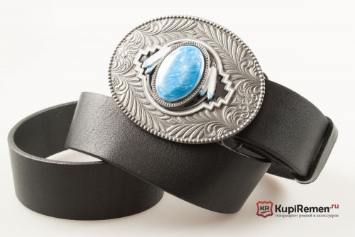Кожаный ремень с пряжкой "Орнамент с перьями" light blue - kupiremen.ru