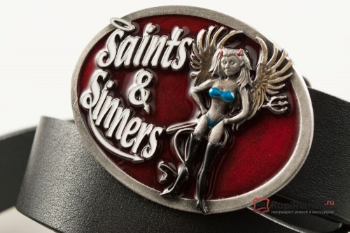 Кожаный ремень с пряжкой "SAINTS AND SINNERS" (Святые и грешники) 3D - kupiremen.ru