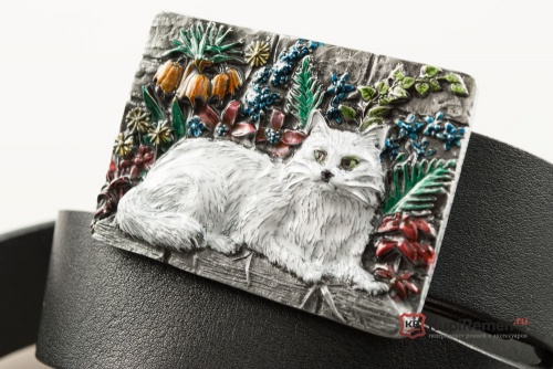 Кожаный ремень с пряжкой "CAT IN GARDEN" (Кошка в саду) 3D - kupiremen.ru