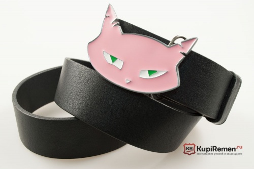 Кожаный ремень с пряжкой "MEAN KITTY PINK" (значит котенок розовый) - kupiremen.ru
