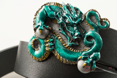 Кожаный ремень с пряжкой "CHINESE DRAGON - GREEN" (Китайский зелёный дракон) - kupiremen.ru