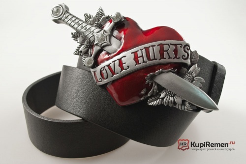 Кожаный ремень с пряжкой "LOVE HURTS" (Любовь причиняет боль) 3D - kupiremen.ru