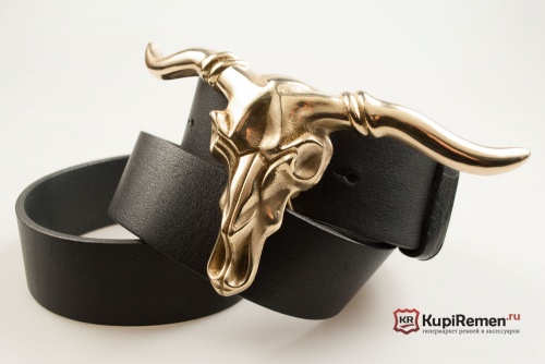 Кожаный ремень с пряжкой "LONG HORN STEER SKULL" (Латунь) - kupiremen.ru
