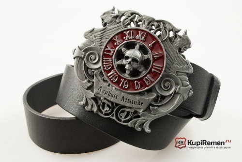 Кожаный ремень с пряжкой "SKULL ON CLOCK FACE" (Череп с циферблатом) 3D - kupiremen.ru