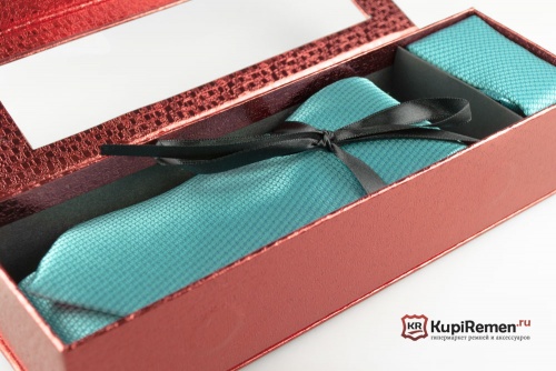 Мужской бирюзовый галстук ARISTOKRAT с нагрудным платком в коробке - kupiremen.ru