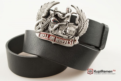 Кожаный байкерский ремень с прягой "HELL ON WHEELS" (Ад на колёсах) - kupiremen.ru