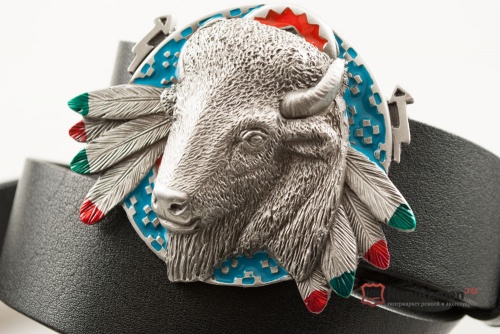 Кожаный ремень с пряжкой "BUFFALO ON INDIAN SHIELD" (Голова буйвола) 3D - kupiremen.ru