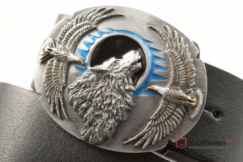 Кожаный ремень с пряжкой "WOLF HEAD AND EAGLES" (Голова волка с орлами) 3D - kupiremen.ru