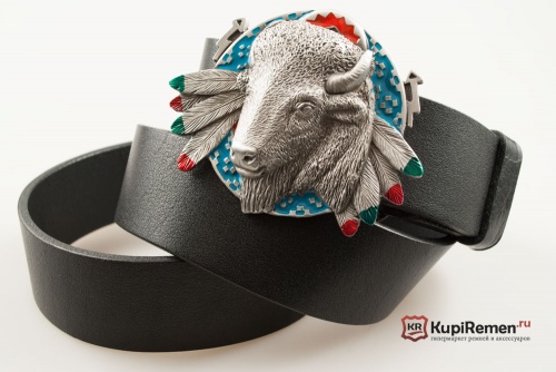 Кожаный ремень с пряжкой "BUFFALO ON INDIAN SHIELD" (Голова буйвола) 3D - kupiremen.ru
