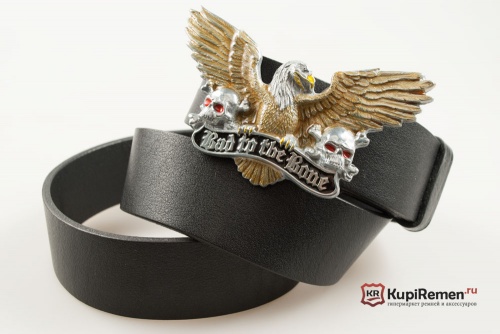 Кожаный байкерский ремень с прягой "BAD TO THE BONE" - kupiremen.ru