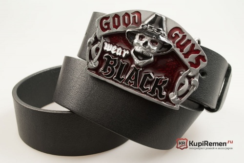 Кожаный ремень с пряжкой "Good guys wear black" (Хорошие парни носят черное) - kupiremen.ru