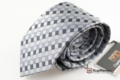 Серый мужской галстук в клетку с нагрудным платком в коробке - kupiremen.ru