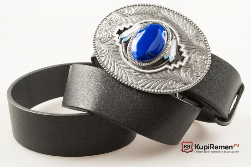 Кожаный ремень с пряжкой "Орнамент с перьями" blue - kupiremen.ru