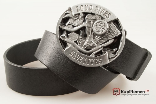 Кожаный ремень с пряжкой "LOUD PIPES SAVES LIVES" - kupiremen.ru