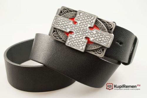 Кожаный ремень с пряжкой "CROSS RECTANGLE RED" (Кельтский крест) 3D - kupiremen.ru