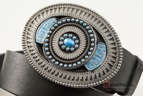 Ремень кожаный с пряжкой  "OVAL WESTERN DESIGN, BLUE" - kupiremen.ru