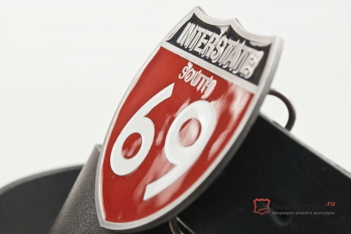 Кожаный ремень с пряжкой "INTERSTATE 69" (Автомагистраль 69) - kupiremen.ru