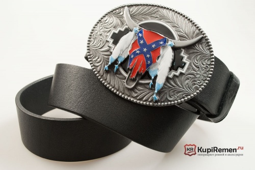 Кожаный ремень с пряжкой "STEER SKULL CONFED" (Череп бизона с флагом Конфедерации) 3D - kupiremen.ru