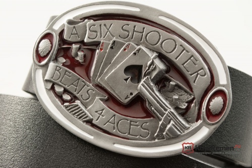 Кожаный ремень с пряжкой "SIX SHOOTER BEATS 4 ACES" (Шестизарядник бьёт 4 туза) 3D - kupiremen.ru