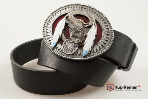 Ремень кожаный с пряжкой  "Волк с ловушкой для снов" - kupiremen.ru