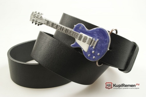 Кожаный ремень с пряжкой "GUITAR - BLUE" Электрогитара - синяя" 3D - kupiremen.ru