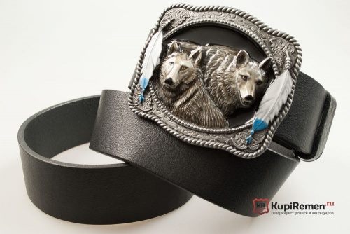 Кожаный ремень с пряжкой "TWO WOLVES" (Два волка) 3D - kupiremen.ru