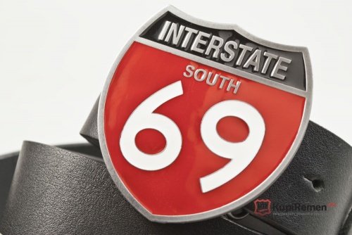 Кожаный ремень с пряжкой "INTERSTATE 69" (Автомагистраль 69) - kupiremen.ru