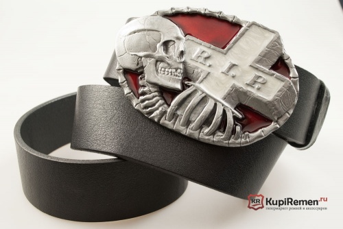 Кожаный ремень с пряжкой "REST IN PEACE" (Покойся с миром) 3D - kupiremen.ru