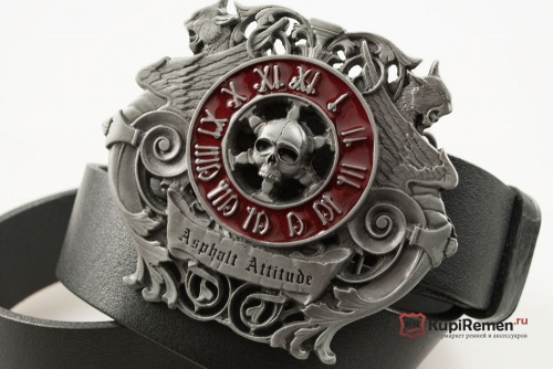 Кожаный ремень с пряжкой "SKULL ON CLOCK FACE" (Череп с циферблатом) 3D - kupiremen.ru