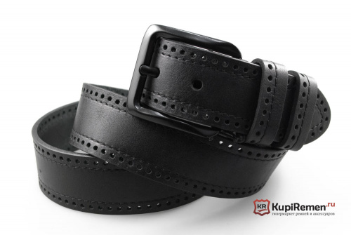 Кожаный ремень с чёрной пряжкой, перфорацией и прострочкой - kupiremen.ru
