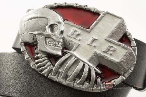 Кожаный ремень с пряжкой "REST IN PEACE" (Покойся с миром) 3D - kupiremen.ru