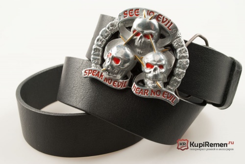 Кожаный ремень с пряжкой "HEAR NO EVIL" (Не замечайте зло) 3D - kupiremen.ru