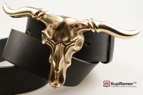 Кожаный ремень с пряжкой "LONG HORN STEER SKULL" (Латунь) - kupiremen.ru