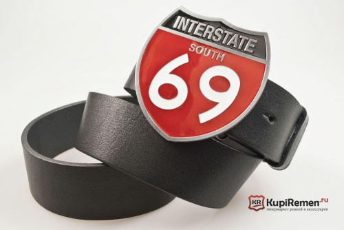 Кожаный ремень с пряжкой "INTERSTATE 69" (Автомагистраль 69) - kupiremen.ru