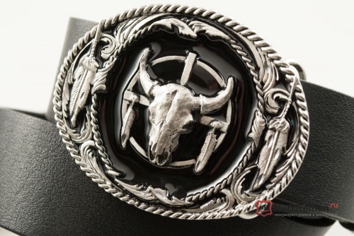 Кожаный ремень с пряжкой "BUFFALO SKULL FEATHERS" (Череп буйвола с перьями) 3D - kupiremen.ru