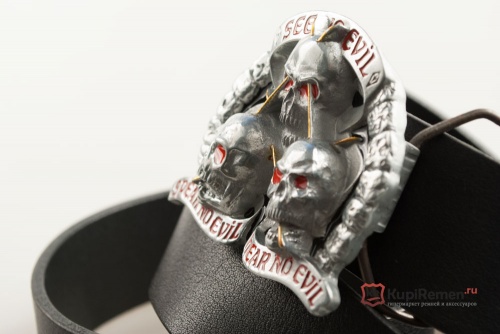 Кожаный ремень с пряжкой "HEAR NO EVIL" (Не замечайте зло) 3D - kupiremen.ru