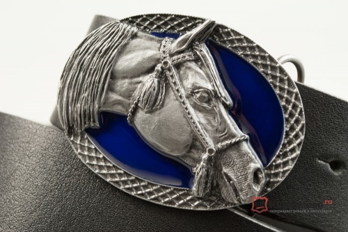 Кожаный ремень с пряжкой "ARABIAN HORSE-BLUE" (Голова арабского скакуна) 3D - kupiremen.ru