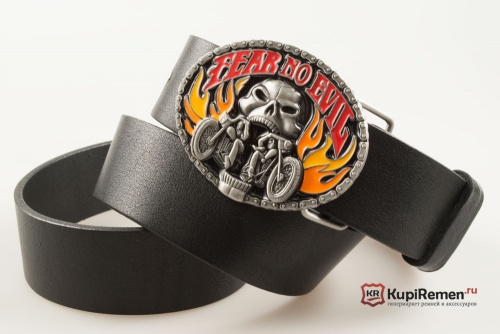 Кожаный ремень с пряжкой "Fear no evil" (Не бойся никакого зла) 3D - kupiremen.ru
