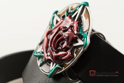 Кожаный ремень с пряжкой "PENTAGRAM & ROSE RED" (Красная роза с пентограммой) - kupiremen.ru