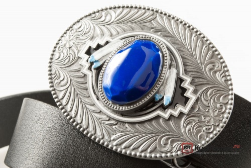 Кожаный ремень с пряжкой "Орнамент с перьями" blue - kupiremen.ru