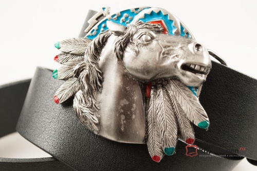 Кожаный ремень с пряжкой "HORSE ON INDIAN SHIELD" (Лошадь на щите) 3D - kupiremen.ru