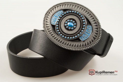 Ремень кожаный с пряжкой  "OVAL WESTERN DESIGN, BLUE" - kupiremen.ru