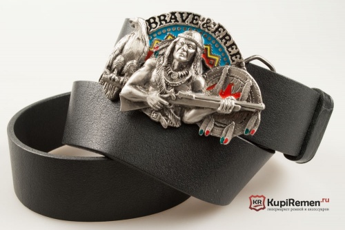 Кожаный ремень с пряжкой "Brave & Free" ( Храбрый и свободный) - kupiremen.ru