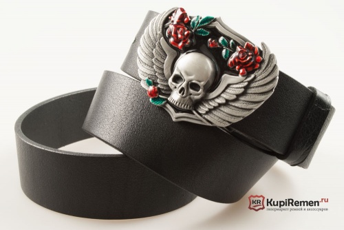 Кожаный ремень с пряжкой "Череп с крыльями и розами" - kupiremen.ru