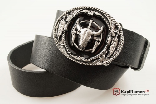 Кожаный ремень с пряжкой "BUFFALO SKULL FEATHERS" (Череп буйвола с перьями) 3D - kupiremen.ru