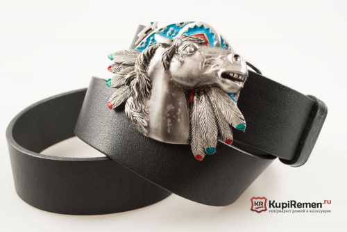 Кожаный ремень с пряжкой "HORSE ON INDIAN SHIELD" (Лошадь на щите) 3D - kupiremen.ru