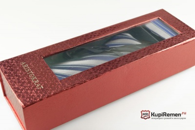 Мужской сине-серый галстук ARISTOKRAT с нагрудным платком в коробке - kupiremen.ru